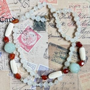 SANDRA DAVID Beaded Necklace Glass Resin Carved Neutral Gold 32" Designer